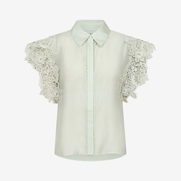 CMMOLLY-shirt i Green Tint med broderade kanter och korta blommönstrade ärmar