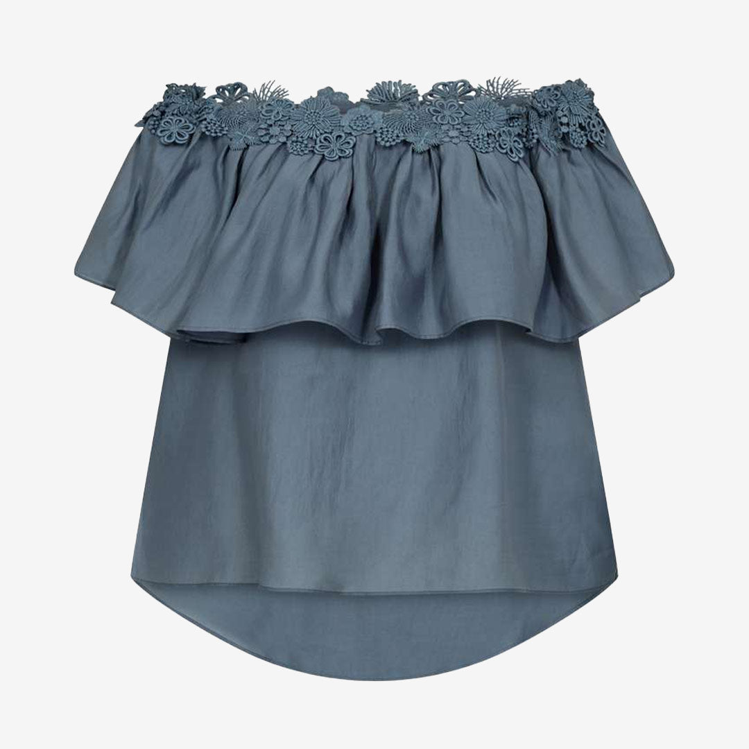 Copenhagen Muse CMMOLLY-BLOUSE off shoulder blus med 3D blommor Blue