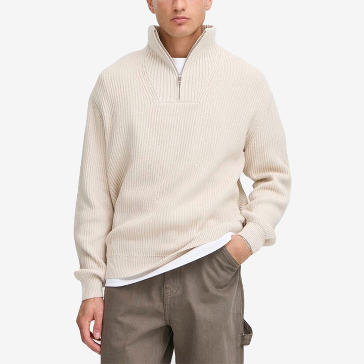 SDNalle half zip herrtröja i färgen Oatmeal, bomullströja med halv dragkedja
