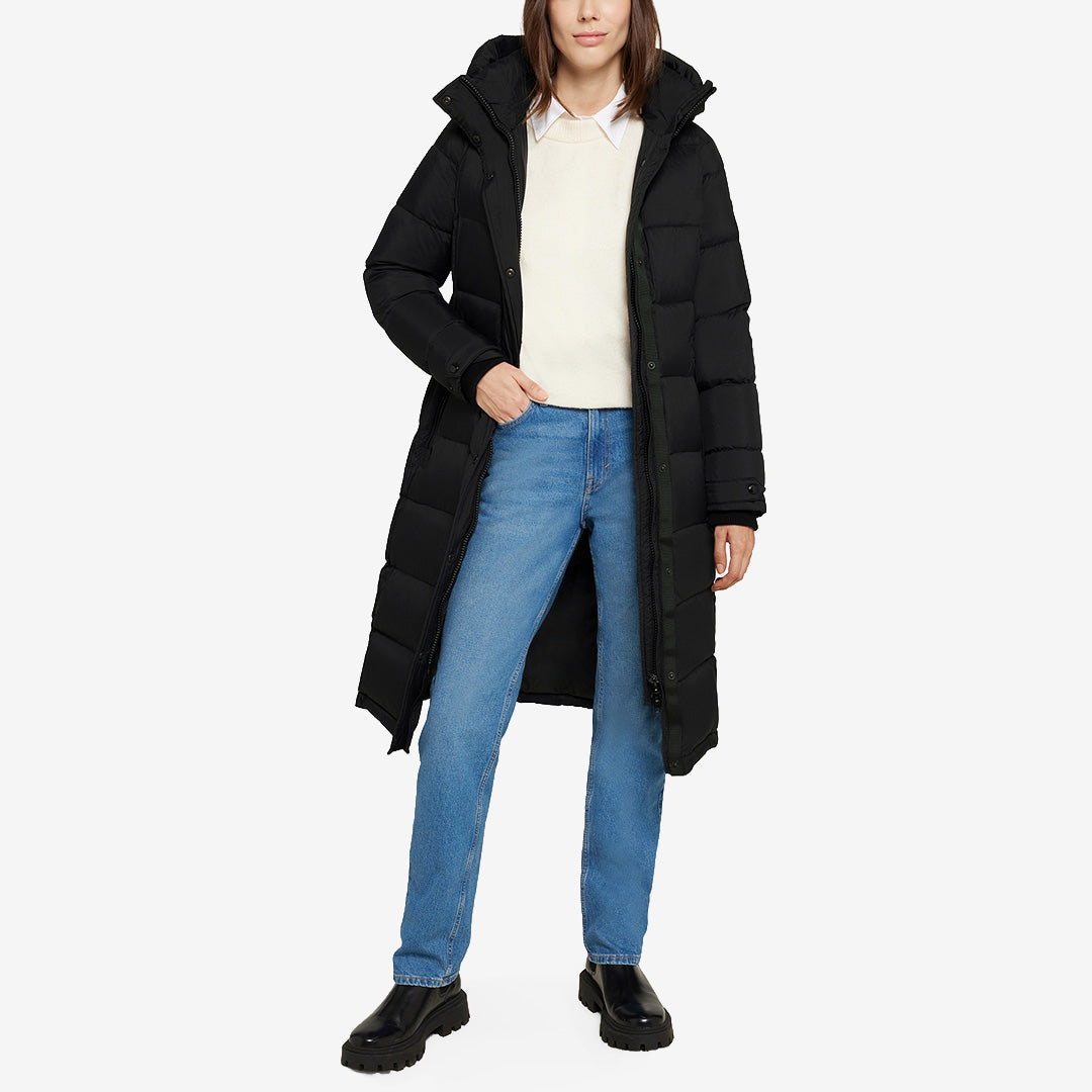 Rock & Blue Falcon lång dunjacka för dam i Svart med lätt 90% dunfyllning och sportig design.
