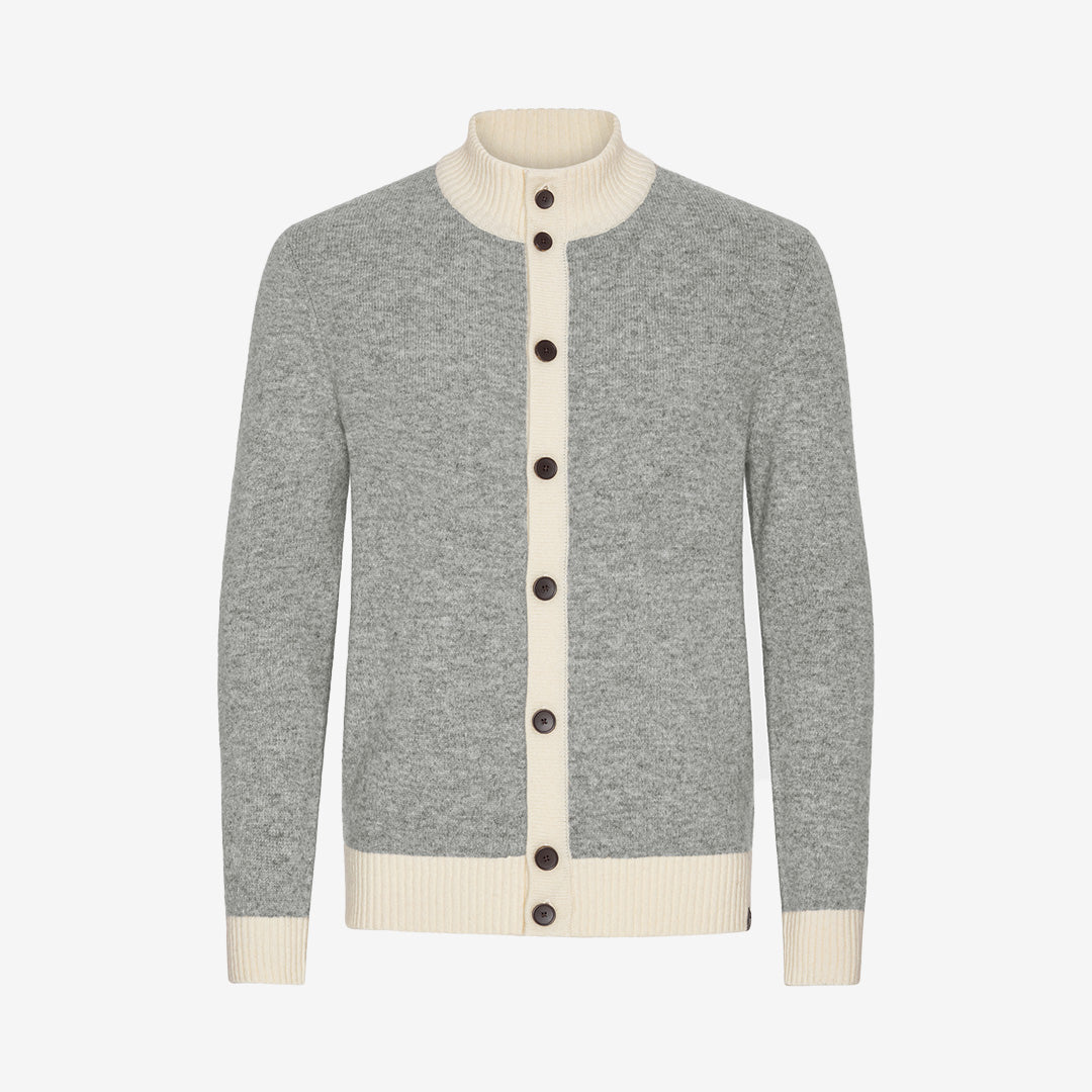 Gråmelange kabelstickad cardigan med kontrasterande beige detaljer – Two Color Cardigan