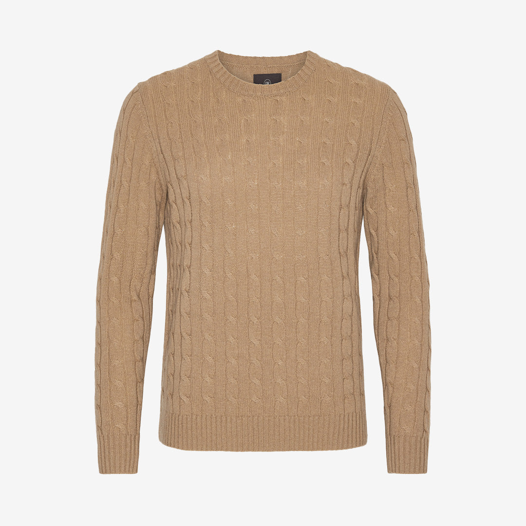 Camelfärgad kabelstickad tröja i cashmere- och ullblandning – Cashmere Cable