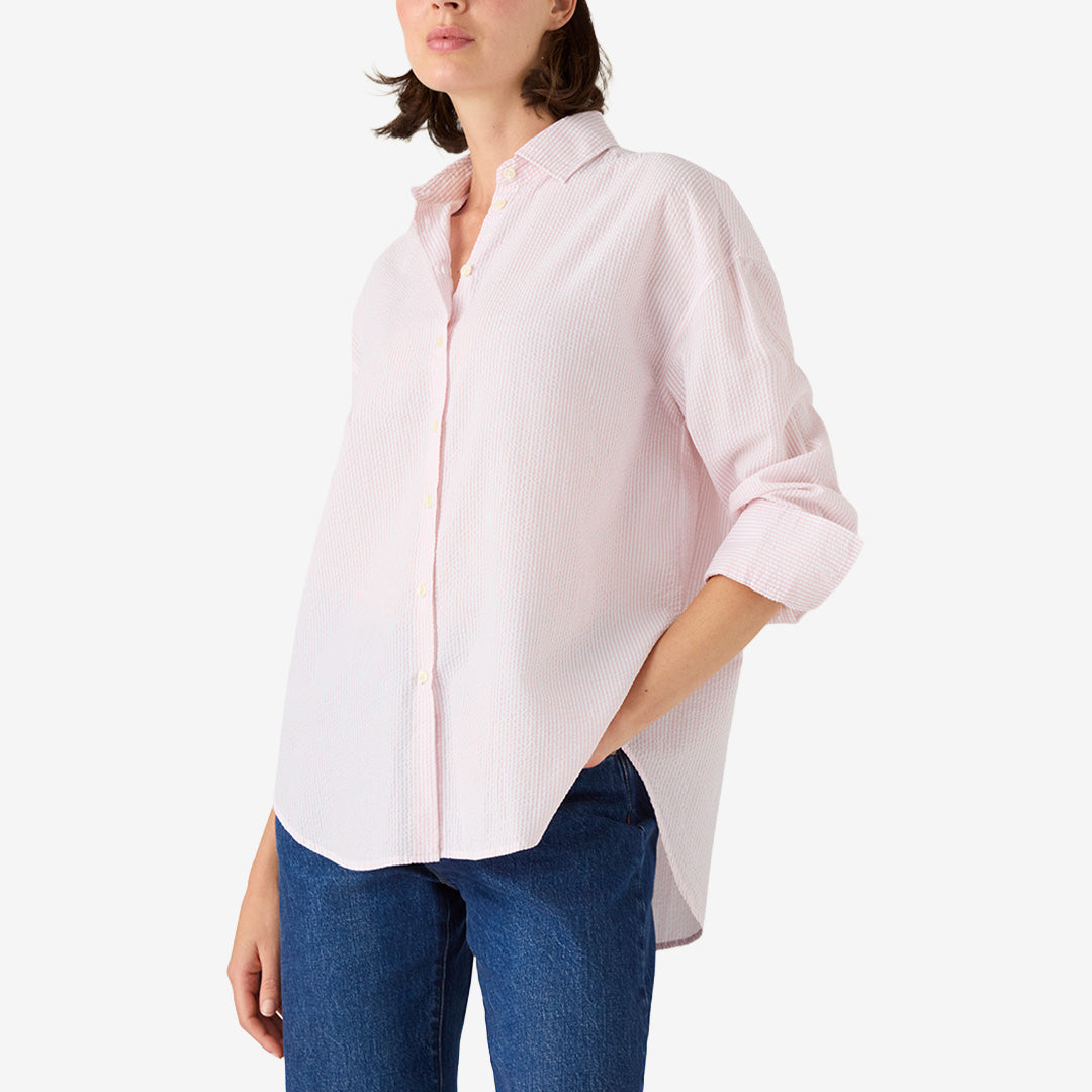 Rosa- och vitrandig seersuckerskjorta i 100% bomull från Lexington