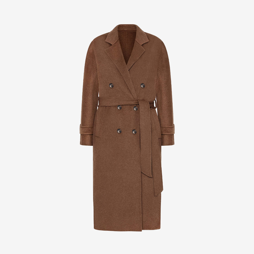 Savannah Coat från Rock & Blue – lång toffee melange-kappa med bälte och slag

