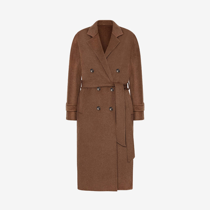 Savannah Coat från Rock & Blue – lång toffee melange-kappa med bälte och slag

