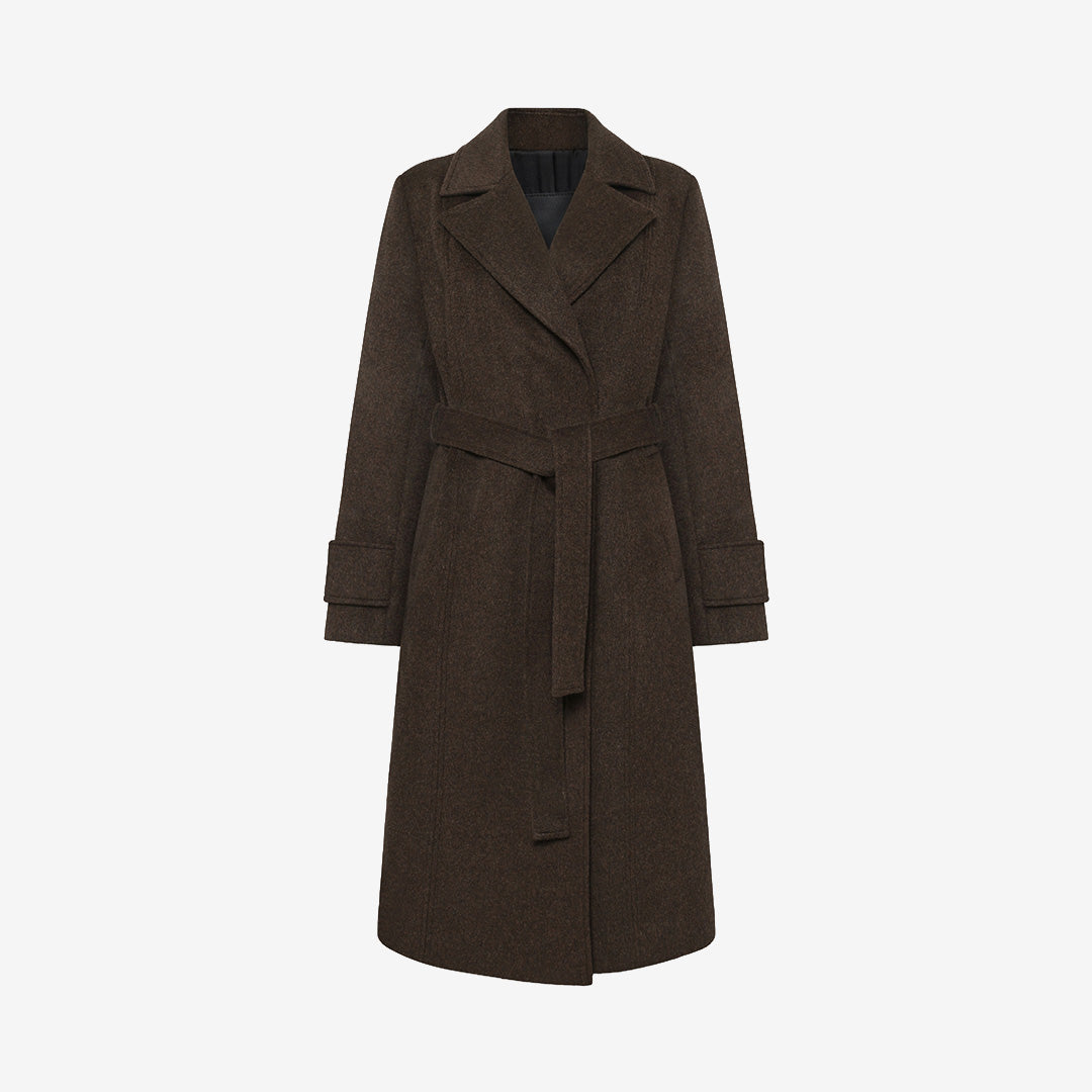 Rock & Blue Victoria Coat ullkappa för dam i Pinecone Brown med knytband i midjan och feminin silhuett.