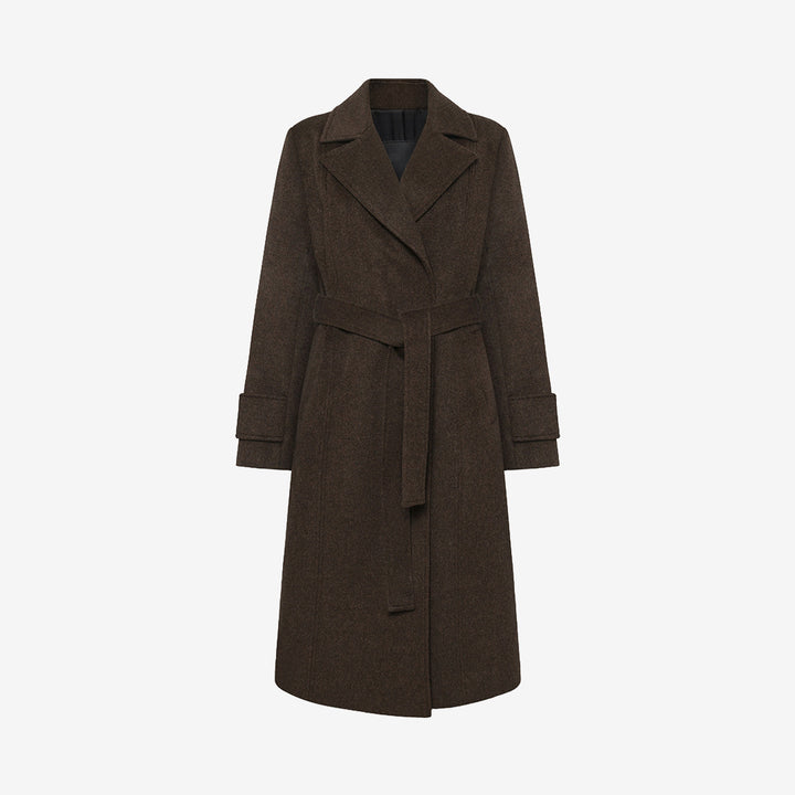 Rock & Blue Victoria Coat ullkappa för dam i Pinecone Brown med knytband i midjan och feminin silhuett.