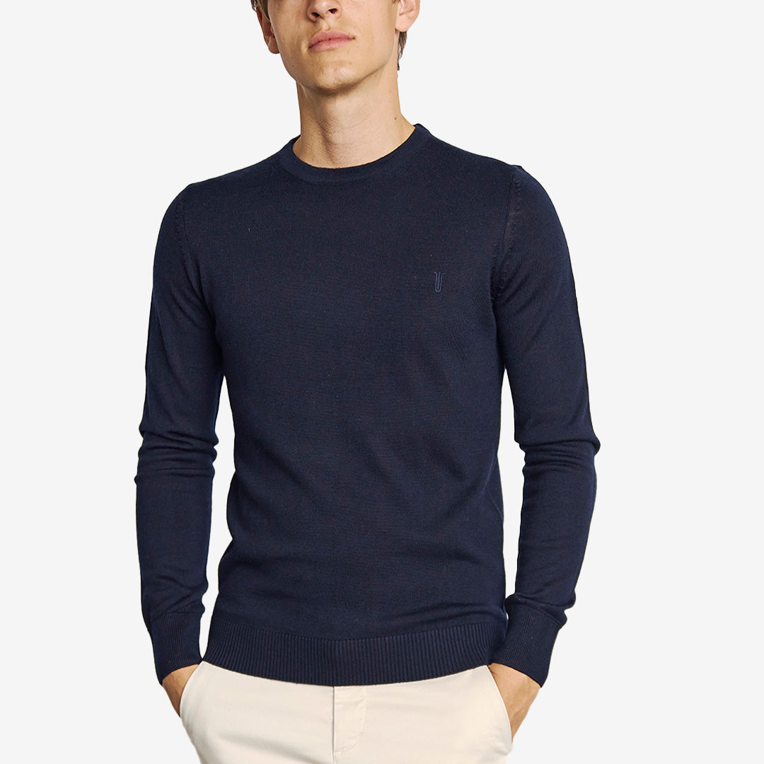 Marinblå stickad tröja i merinoullsblandning med rund hals, modell Jupiter Regular Fit