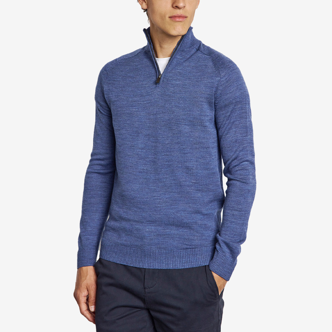 Blå halfzip-tröja för herr i merinoullsblandning med regular fit och dragkedja i kragen