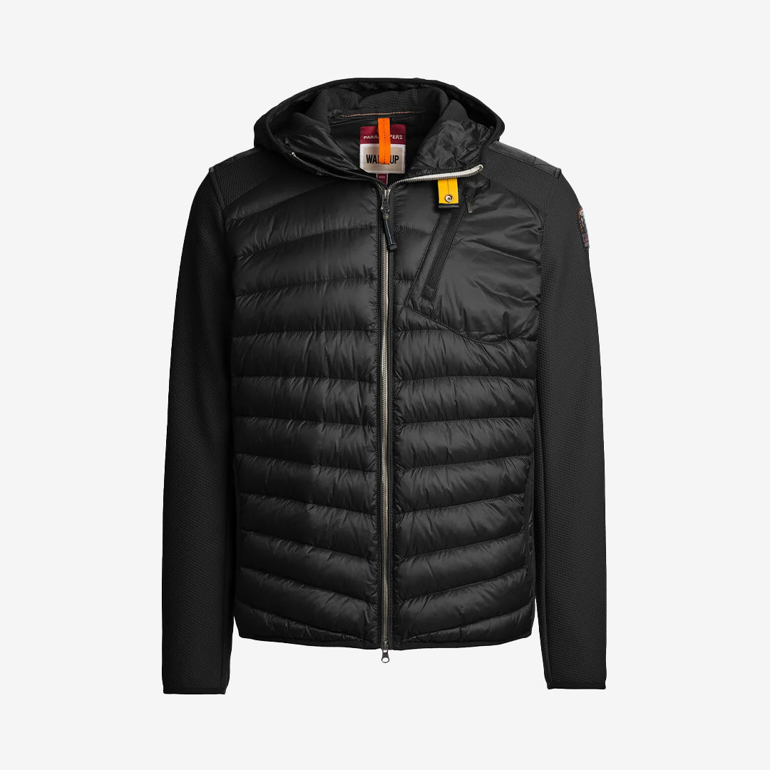 Nolan hybridjacka med huva i färgen Black, i stretch och dun från Warm Up-serien