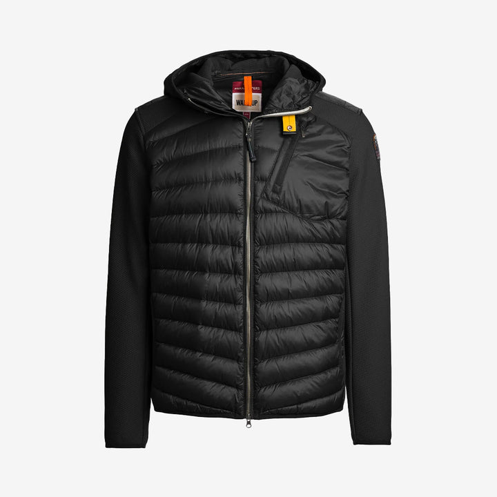 Nolan hybridjacka med huva i färgen Black, i stretch och dun från Warm Up-serien