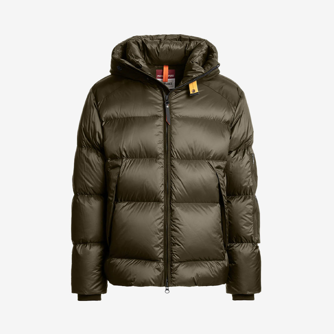 Tyrik dunjacka i Olive Grey med huva och tekniska detaljer