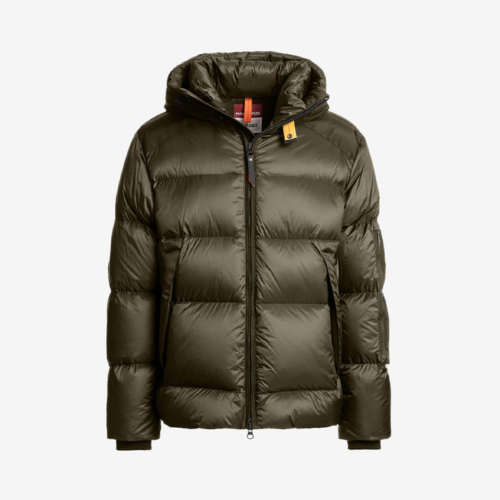 Tyrik dunjacka i Olive Grey med huva och tekniska detaljer