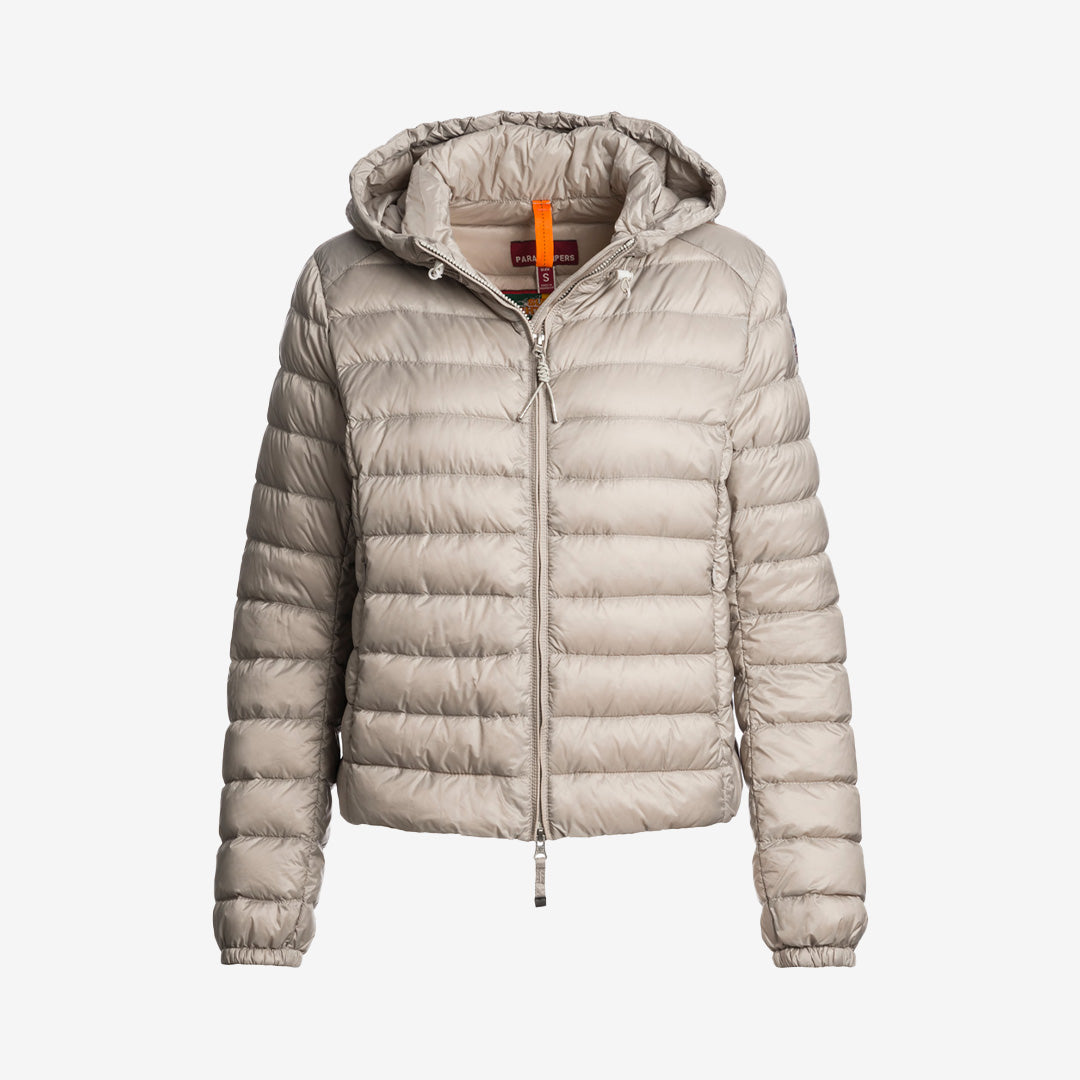 Rory kort quiltad dunjacka med huva i färgen Chateau Grey, från Super Lightweight-serien