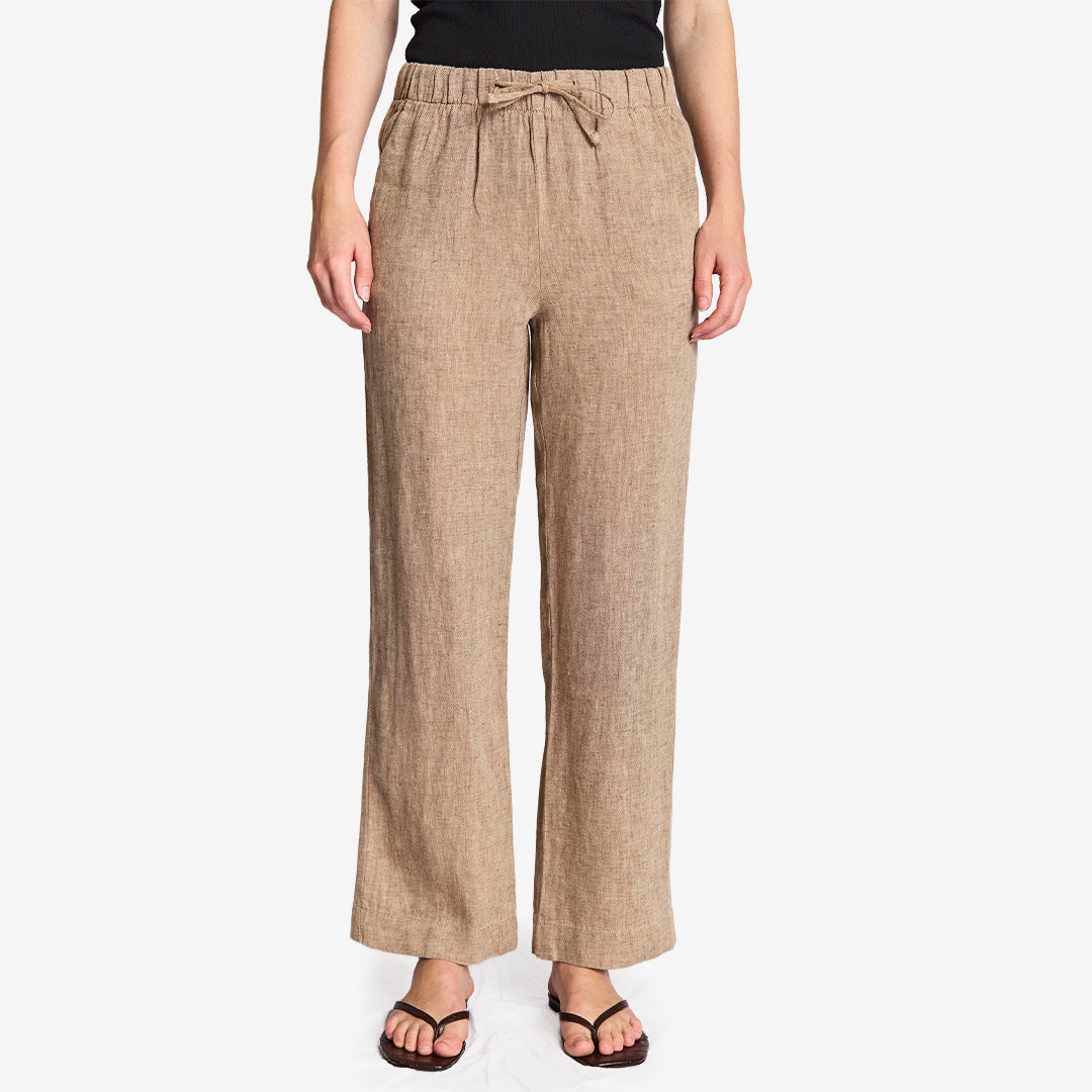 Bruna casual byxor Betty i 100% linne med dragsko och framfickor