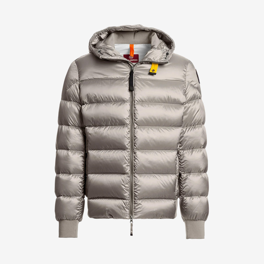 Parajumpers Pharrell huvad dunjacka för herr i Mid Grey med glänsande twillmaterial och dunfyllning.