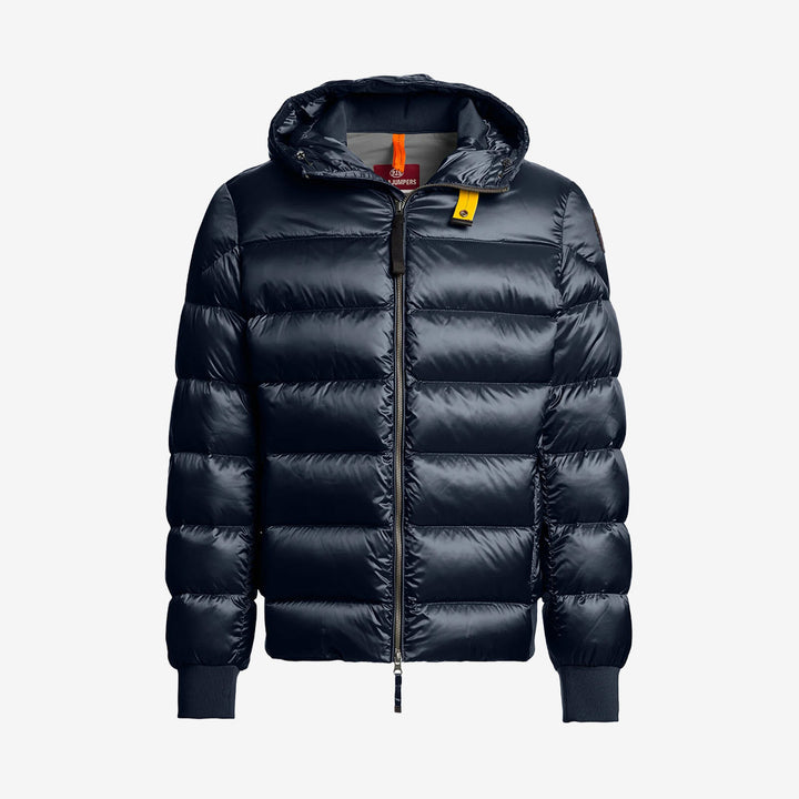 Parajumpers Pharrell huvad dunjacka för herr i Blue Navy med glänsande twillmaterial och dunfyllning.