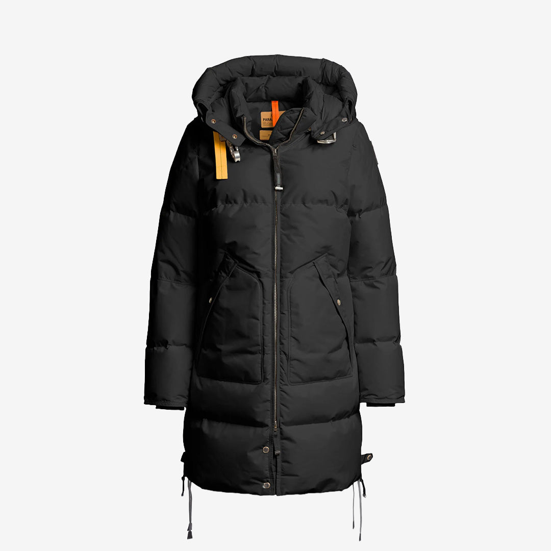 Parajumpers Long Bear lång dunjacka för dam i Black med huva, återvunnet nylonmaterial och varm dunfyllning.