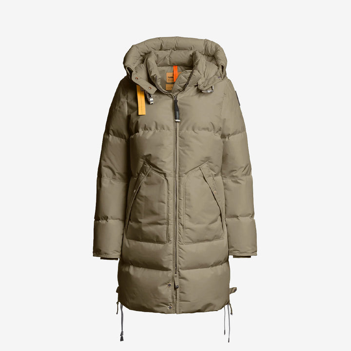 Parajumpers Long Bear lång dunjacka för dam i Atmosphere med huva, återvunnet nylonmaterial och varm dunfyllning.