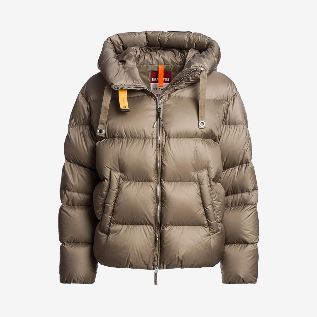 Parajumpers Tilly kort dunjacka för dam i Slate Mud med huva, nylon-taft och varm dunfyllning.