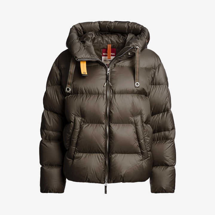 Parajumpers Tilly kort dunjacka för dam i Antique Bronze med huva, nylon-taft och varm dunfyllning.