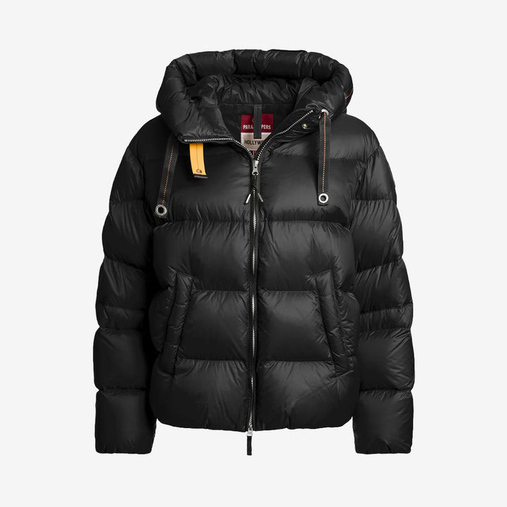 Parajumpers Tilly kort dunjacka för dam i Black med huva, nylon-taft och varm dunfyllning.