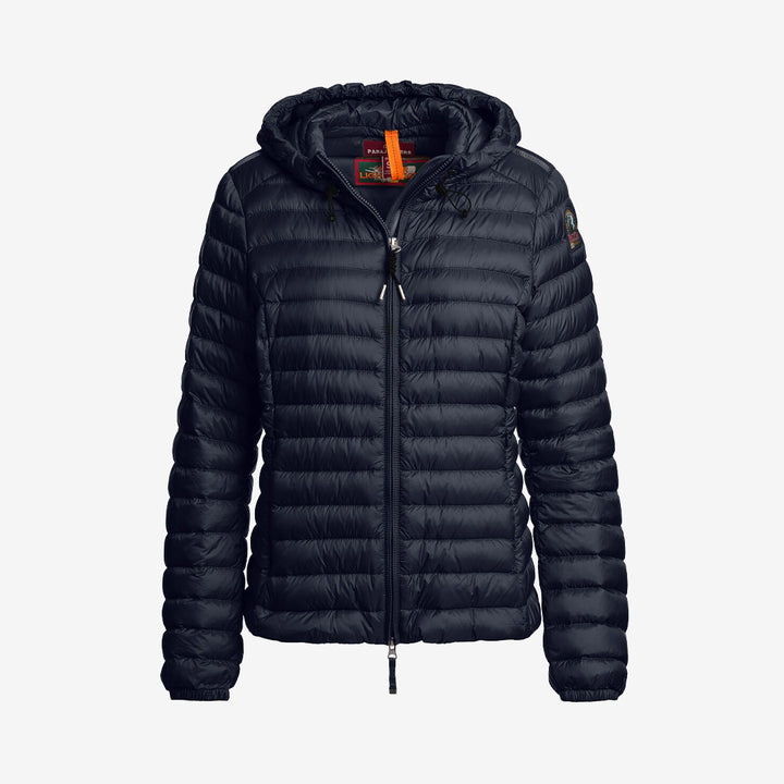 Parajumpers Genie kort quiltad dunjacka för dam i Blue Navy med huva, återvunnet nylonmaterial och dunfyllning.