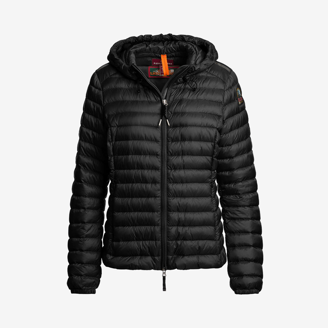 Parajumpers Genie kort quiltad dunjacka för dam i Black med huva, återvunnet nylonmaterial och dunfyllning.