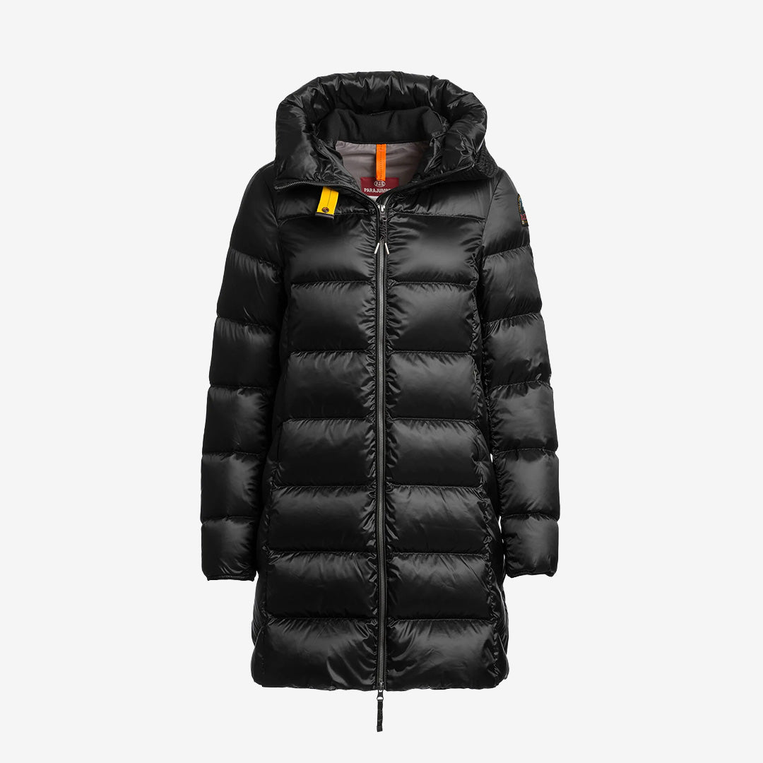 Parajumpers Marion lång quiltad dunjacka för dam i Black med huva, twillmaterial och varm dunfyllning.