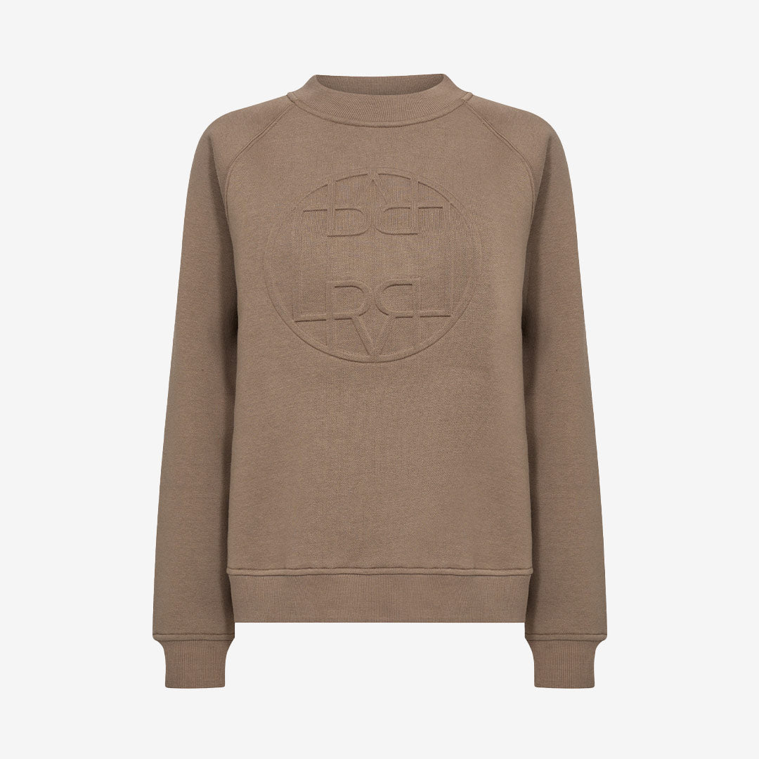 Levete Room LR-NUKA 11 – grå sweatshirt med rund hals och cirkelformad logotypdesign i ekologisk bomullsblandning.