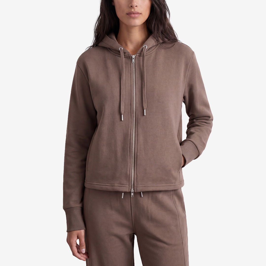 Levete Room 301631 LR-NUKA 9 hoodie i Chocolate Chip med dragkedja och huva för dam