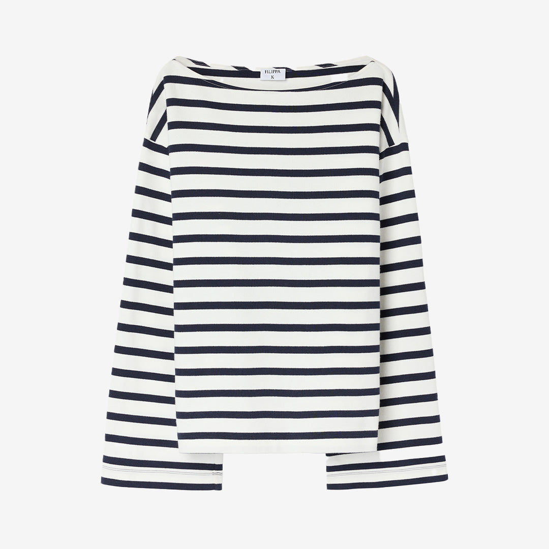 Cotton Mariner Top i vit och marinblå randig design, båtringad tröja i 100% GOTS-certifierad bomull.