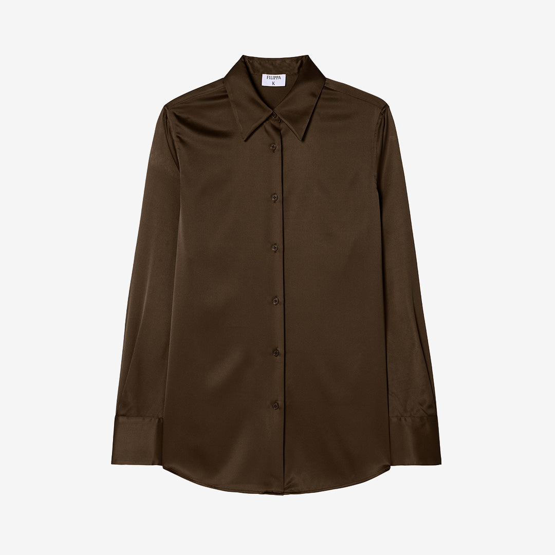 Filippa K Silk Shirt för dam i Dark Chocolate, tillverkad i mjuk sidenblandning med elegant och minimalistisk design.