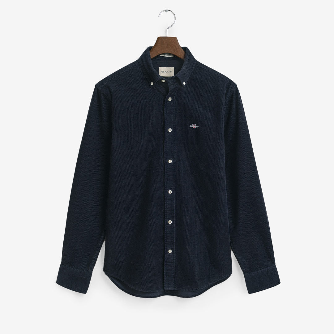Herrskjorta i blå bomullscord med broderad logotyp – GANT skjorta med button-down-krage

