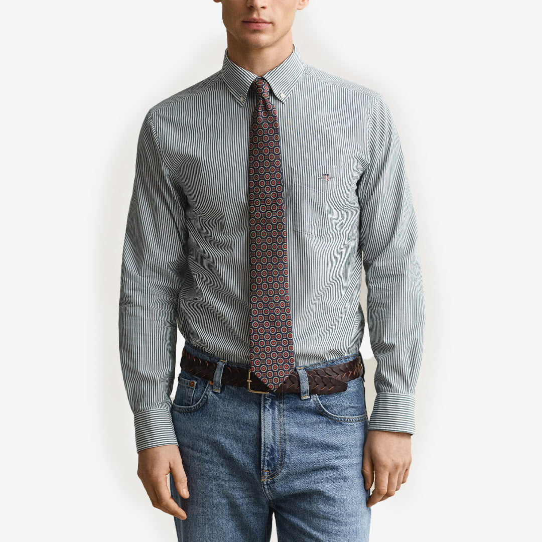 GANT Classic Regular Striped Poplin Shirt herr Dark Emerald 3262030-321