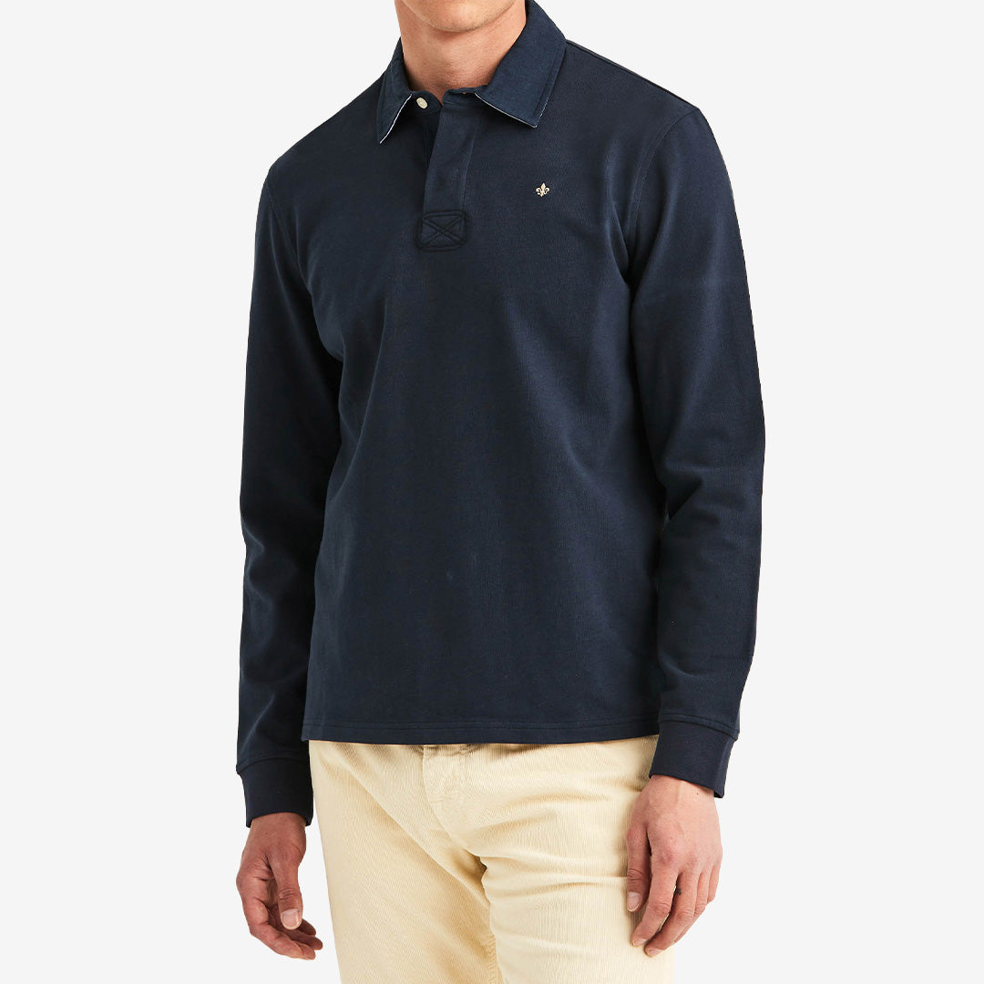 Morris Graham Rugger i Old Blue, klassisk ruggertröja i 100 % bomull med krage och sportig design.