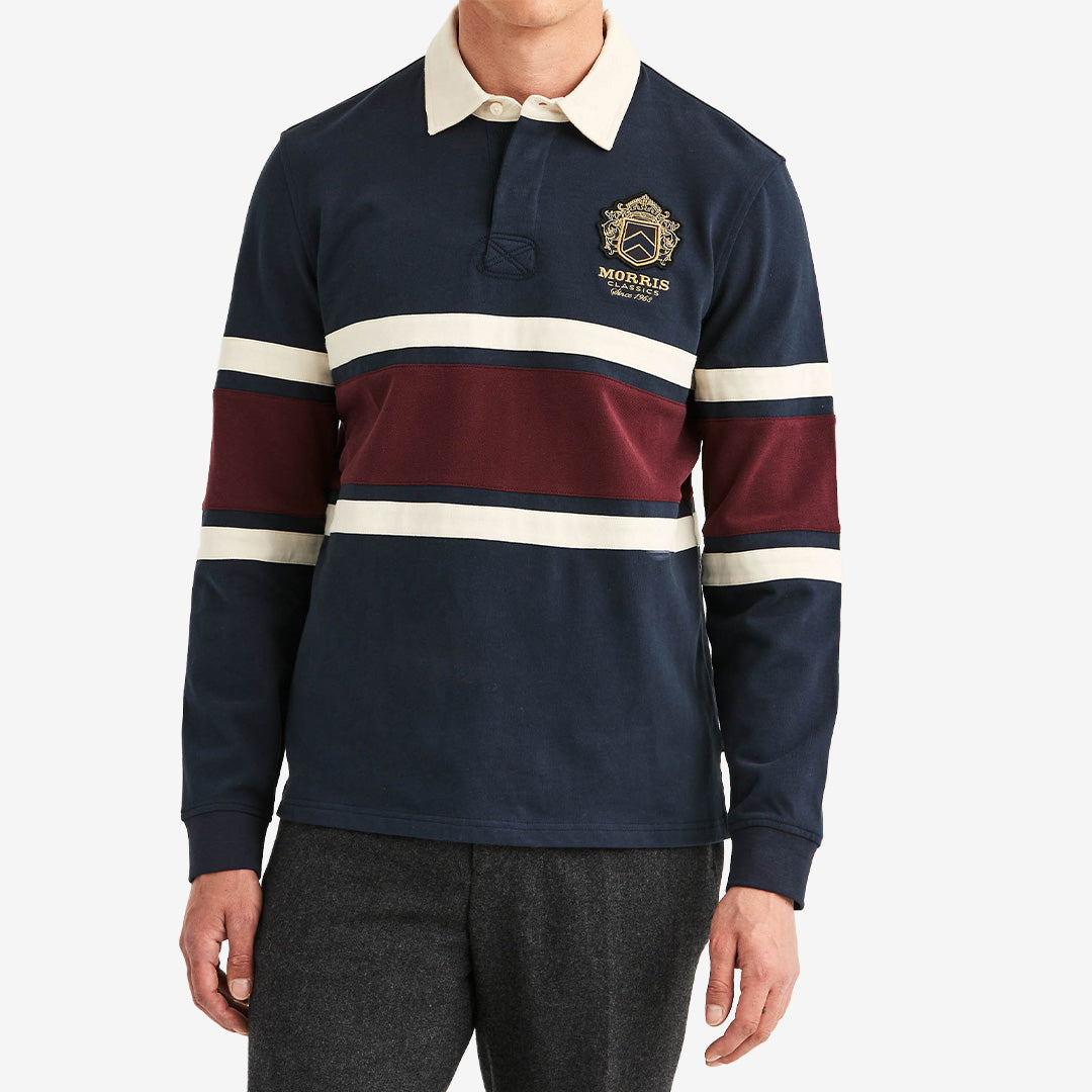 Morris Harold Rugger i Old Blue, klassisk ruggertröja i 100 % bomull med krage och sportig design.