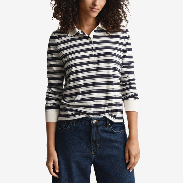 Gant Striped Long Sleeve Polo i cream med randigt mönster och lång ärm