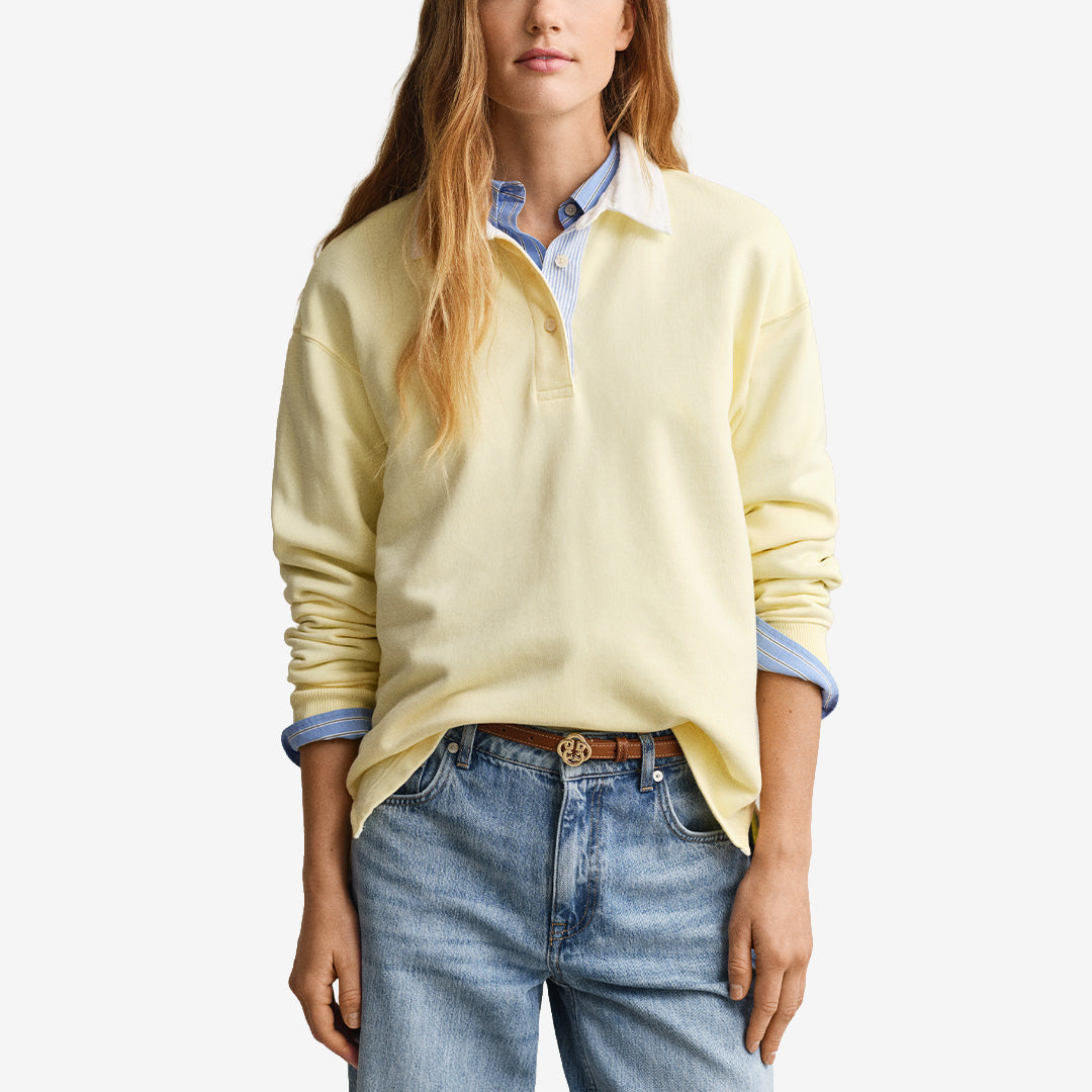 Gant Rugger Sweatshirt i vanilla yellow, lätt sweatshirt med krage och randig knappslå