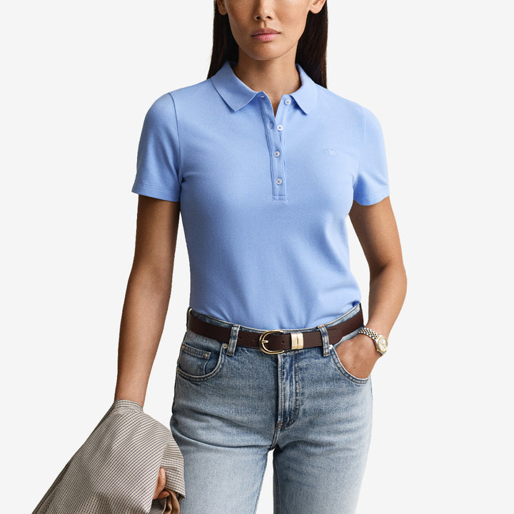 Gant Slim Shield SS Piqué Polo i hydrangea blue, slim fit pikétröja i piqué med broderad sköld