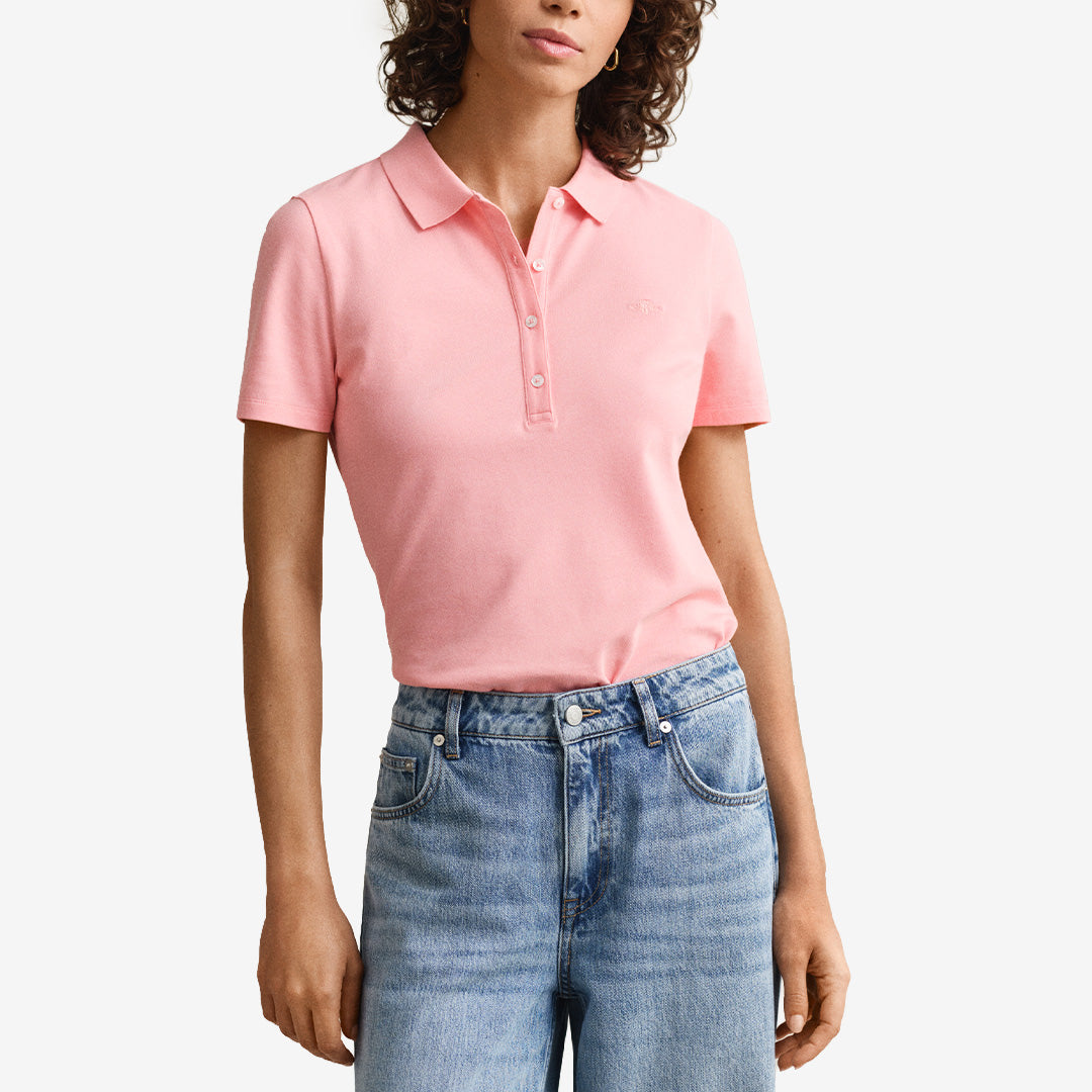 Gant Slim Shield SS Piqué Polo i apricot pink, slim fit pikétröja i piqué med broderad sköld