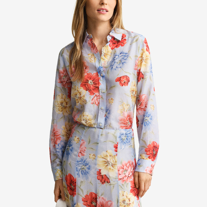 Blommönstrad långärmad skjorta från Gant i bomull och siden i färgen Light Blue