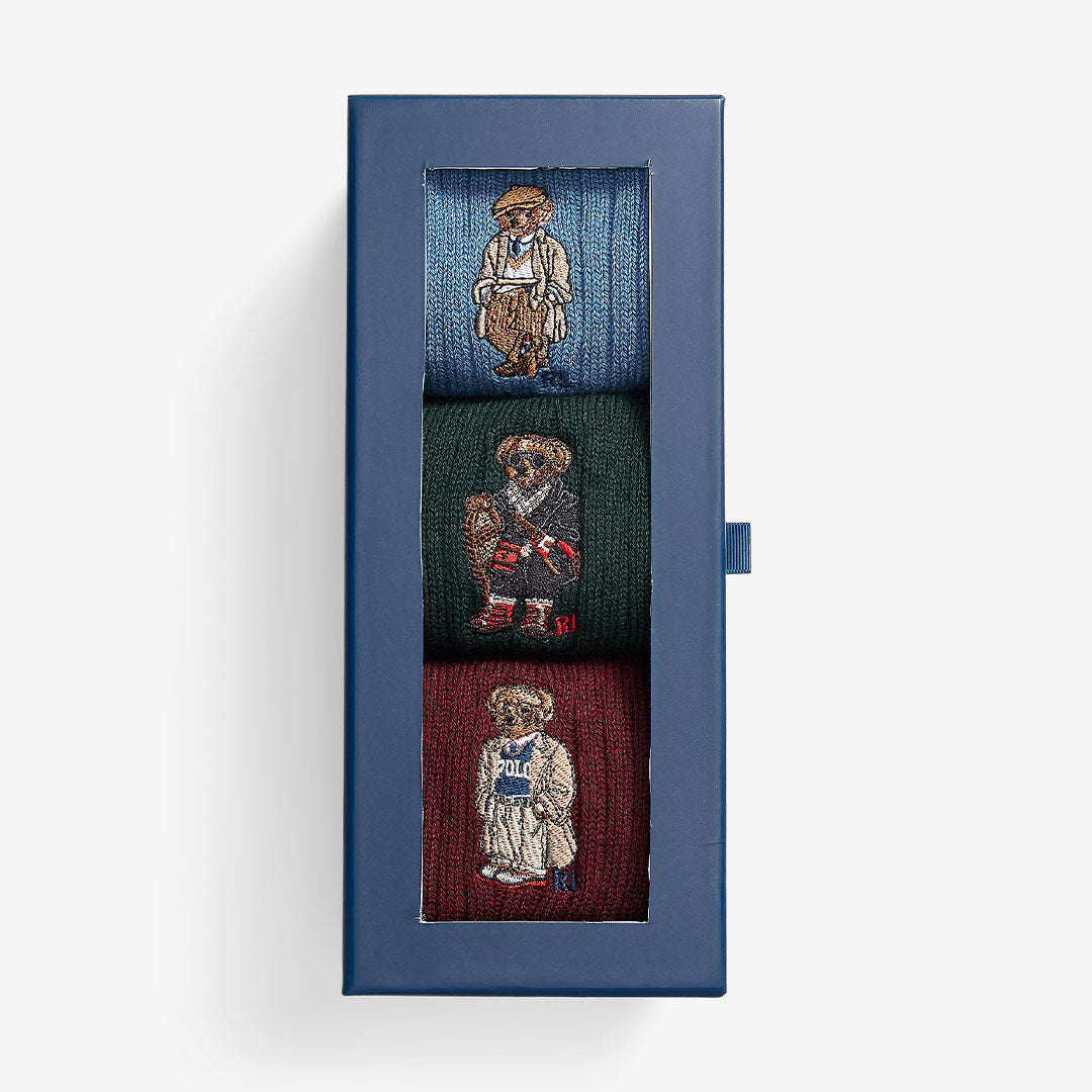Ralph Lauren Polo Bear Gift Box Sock Set – 3-pack strumpor i kammad bomull med Polo Bear-motiv