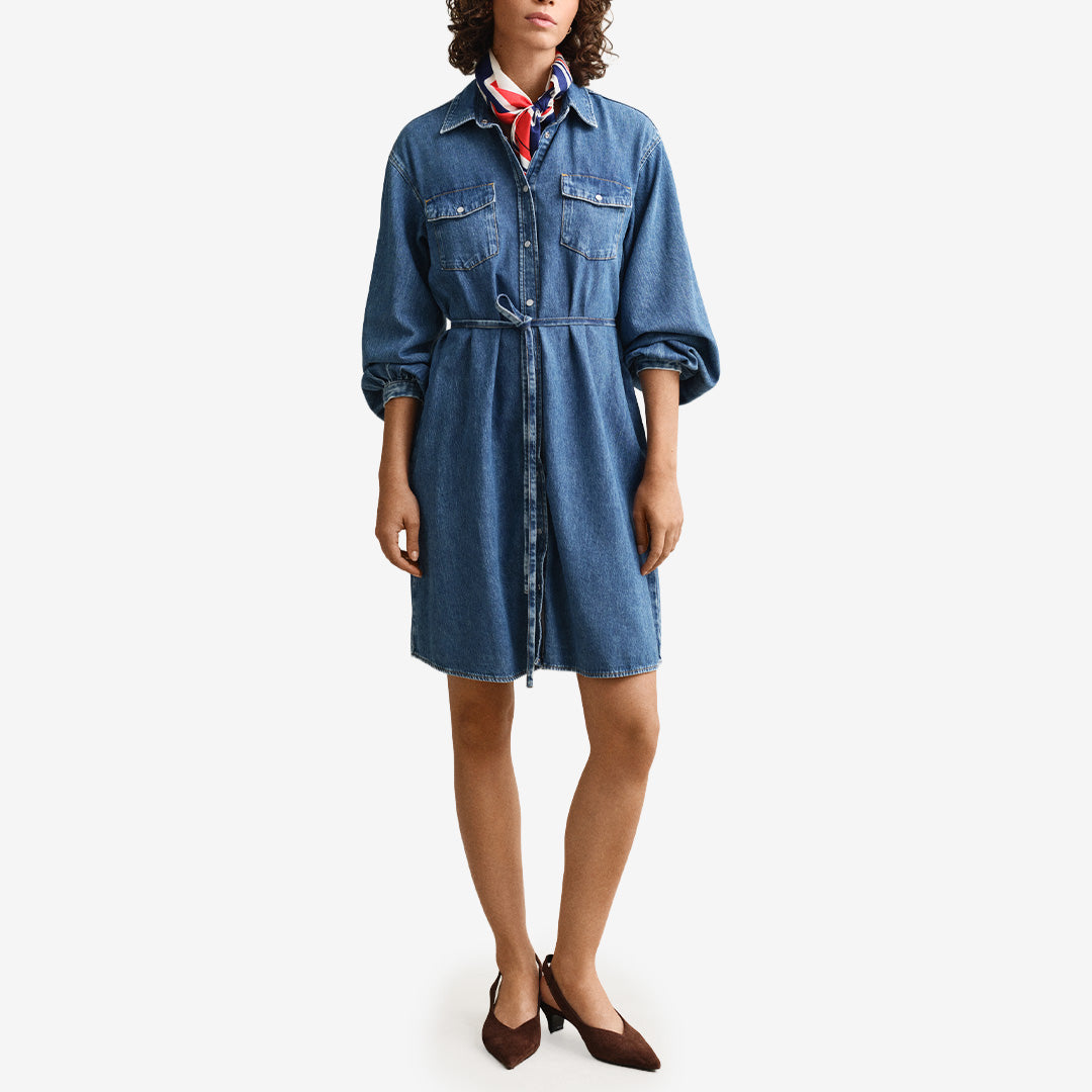 Gant Denim Volume Sleeve Shirt Dress i mid blue archive med volymärmar och skjortklänningdesign