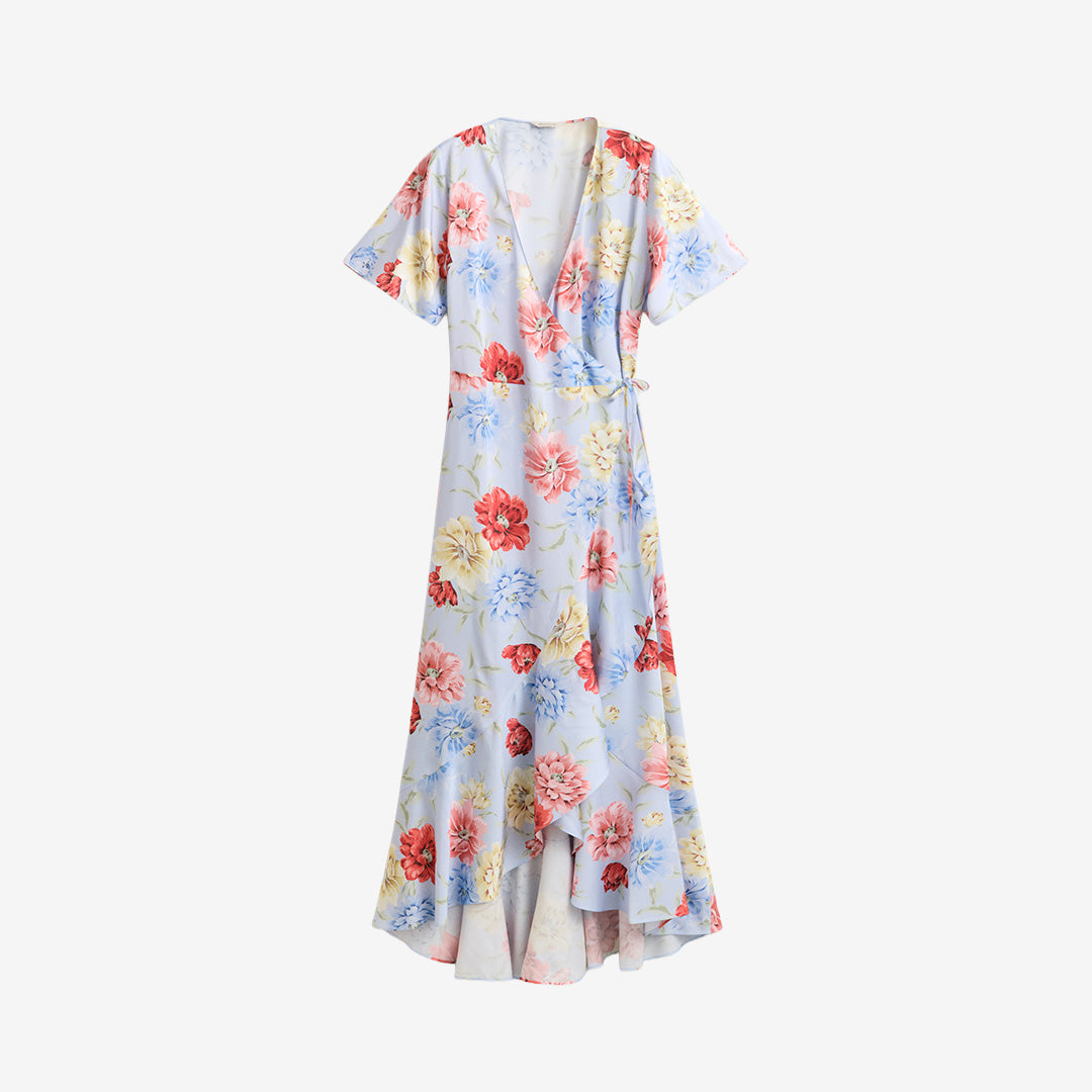 Gant Floral Frilly Wrap Dress i light blue med blommigt mönster, omlottdesign och volangdetaljer för dam