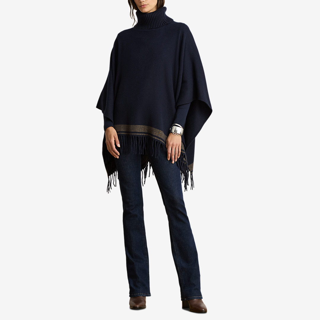 Lauren Ralph Lauren poncho dam Navy Camel med polokrage och fransar 454P23626002