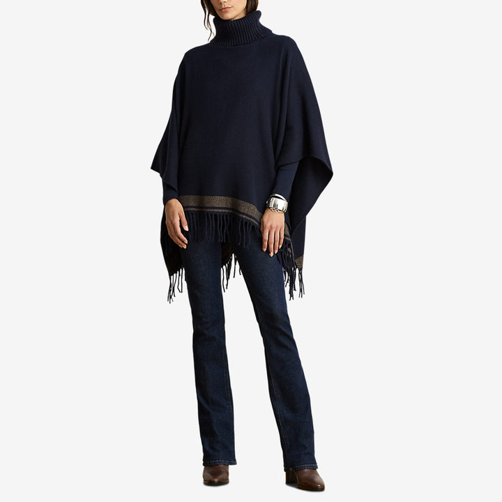 Lauren Ralph Lauren poncho dam Navy Camel med polokrage och fransar 454P23626002