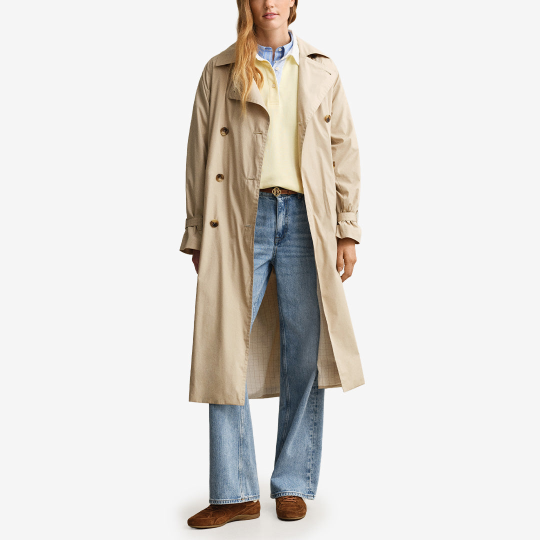 Gant Lightweight Trench Coat, oat beige vattenavvisande trenchcoat med avtagbart midjebälte och belted cuffs