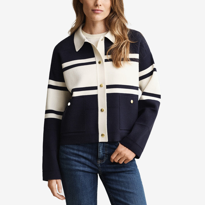 Gant Color Blocked Cardigan i Evening Blue med blockränder och framfickor