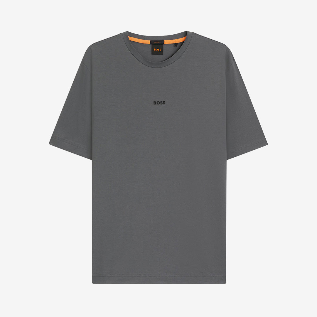 Grå kortärmad T-shirt BOSS Orange med sju-lagers logotryck på bröstet.